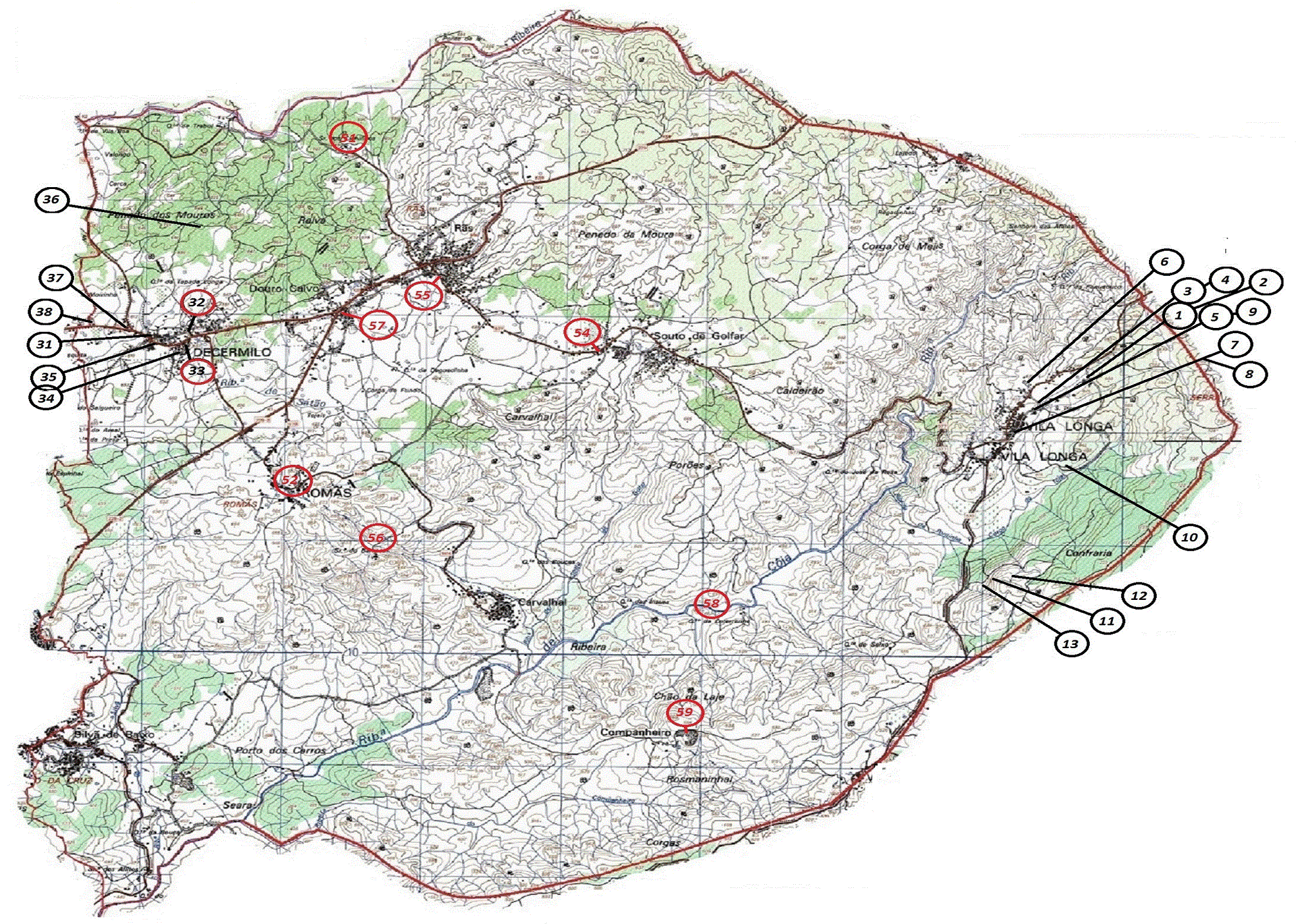 Mapa União de freguesias de Romãs, Decermilo e Vila Longa